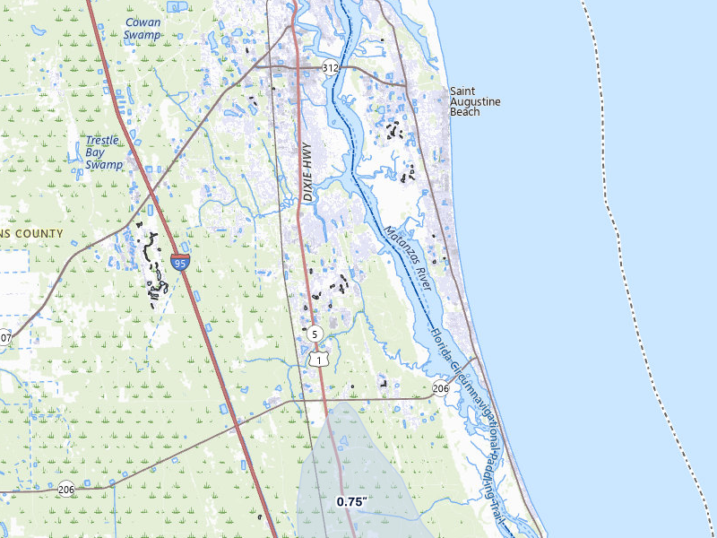 NEXRAD radar-signature map of the hail storm over Saint Augustine, FL on Jul 12, 2026