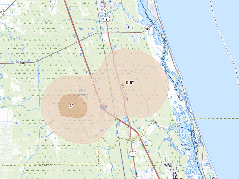 Radar-estimated hail-size map of the storm over Saint Augustine, FL on Aug 20, 2026