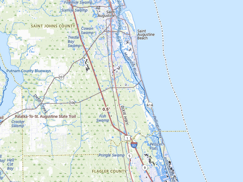 Radar-estimated hail-size map of the storm over Saint Augustine, FL on Aug 23, 2026