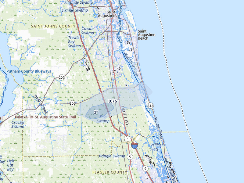 NEXRAD radar-signature map of the hail storm over Saint Augustine, FL on Aug 23, 2026