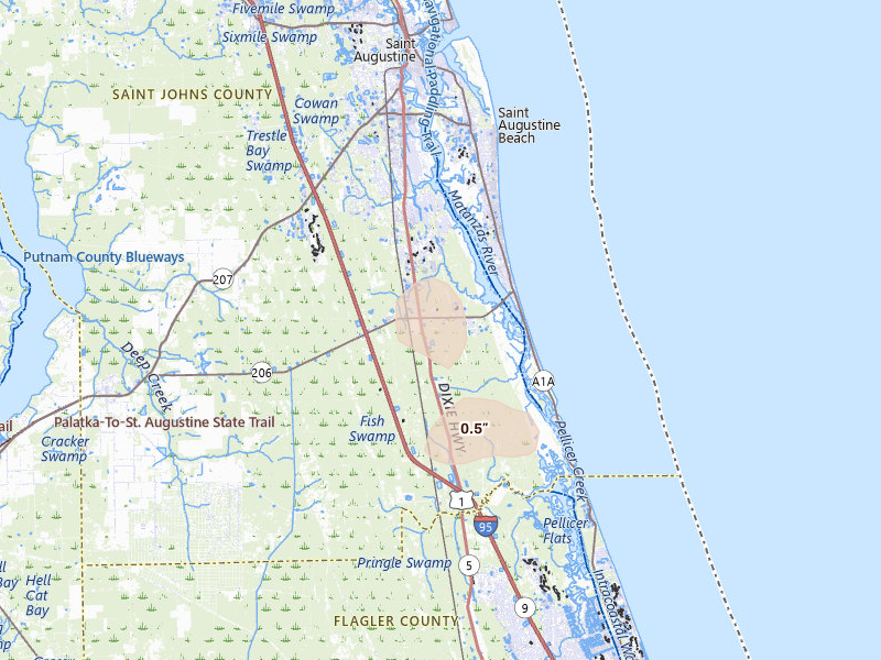 Radar-estimated hail-size map of the storm over Saint Augustine, FL on Aug 25, 2026