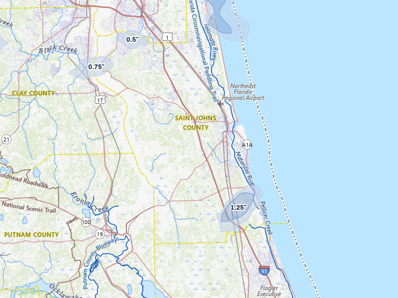 NEXRAD radar-signature map of the hail storm over Saint Augustine, FL on Aug 25, 2026