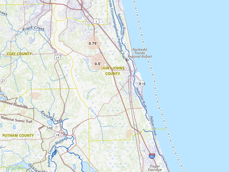Radar-estimated hail-size map of the storm over Saint Augustine, FL