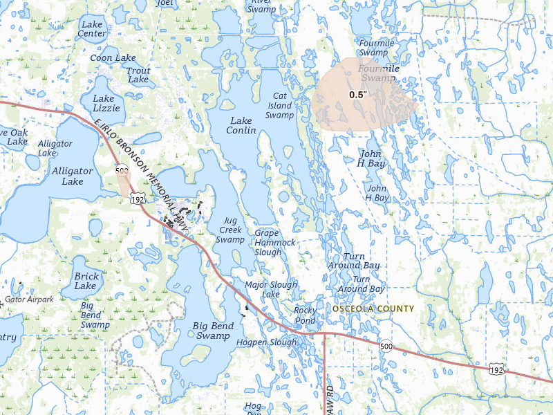 Radar-estimated hail-size map of the storm over Saint Cloud, FL on Jul 6, 2026