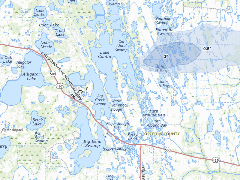 NEXRAD radar-signature map of the hail storm over Saint Cloud, FL on Jul 6, 2026