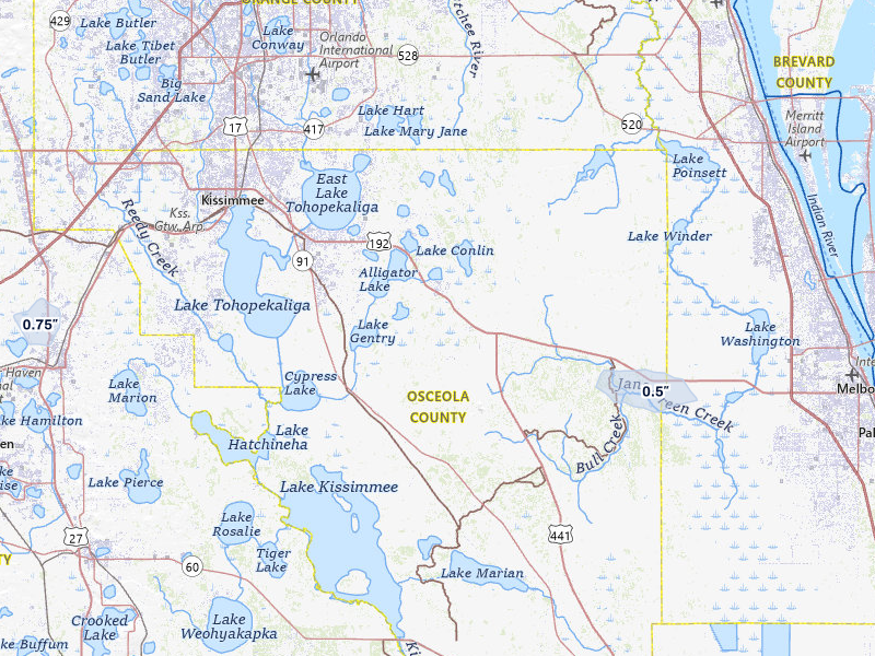NEXRAD radar-signature map of the hail storm over Saint Cloud, FL on Jul 30, 2026