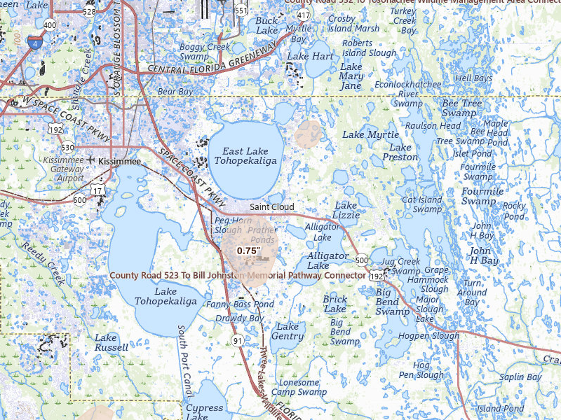 Radar-estimated hail-size map of the storm over Saint Cloud, FL on Aug 14, 2026