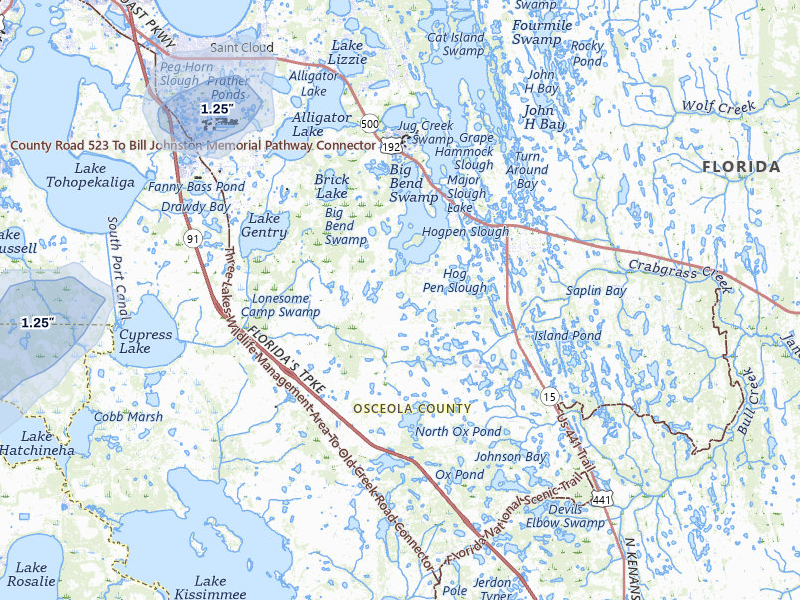 NEXRAD radar-signature map of the hail storm over Saint Cloud, FL on Aug 14, 2026