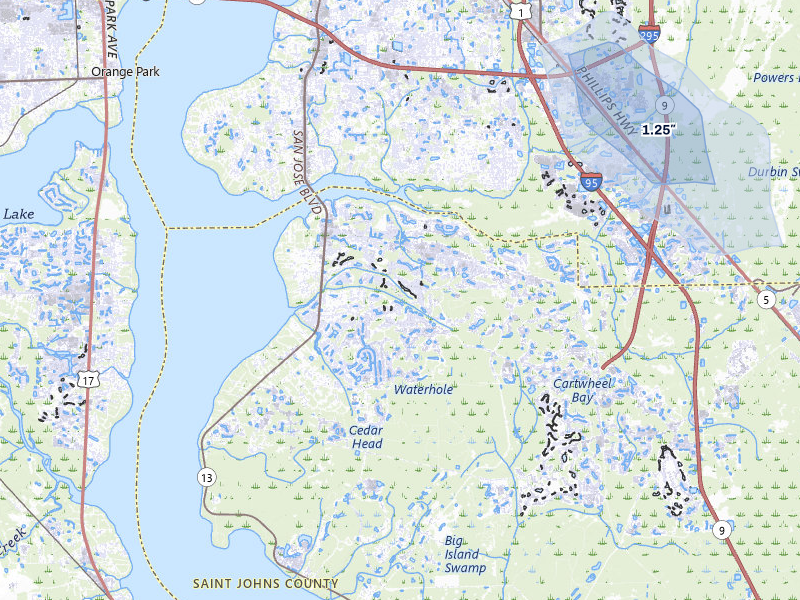 NEXRAD radar-signature map of the hail storm over Saint Johns, FL on May 31, 2026