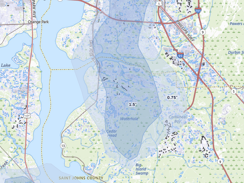 NEXRAD radar-signature map of the hail storm over Saint Johns, FL on Jun 27, 2026