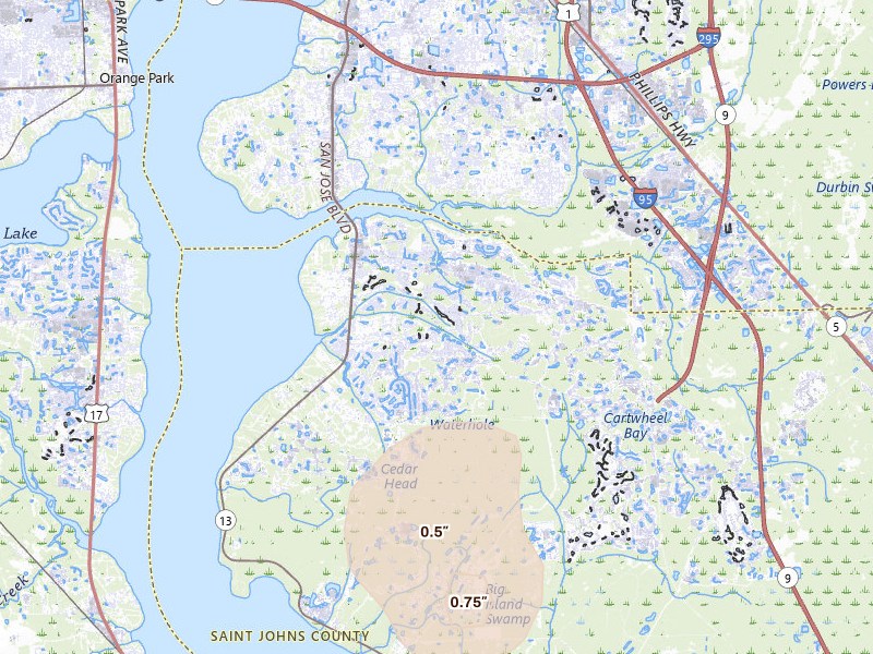 Radar-estimated hail-size map of the storm over Saint Johns, FL on Jul 10, 2026