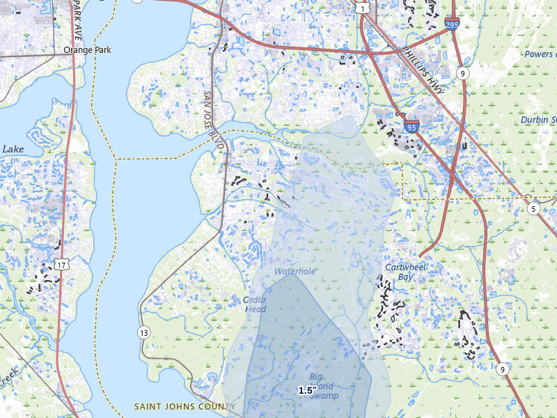 NEXRAD radar-signature map of the hail storm over Saint Johns, FL on Jul 10, 2026
