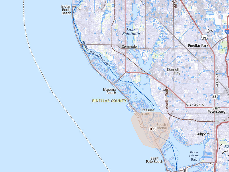 Radar-estimated hail-size map of the storm over Saint Petersburg, FL on Aug 6, 2026