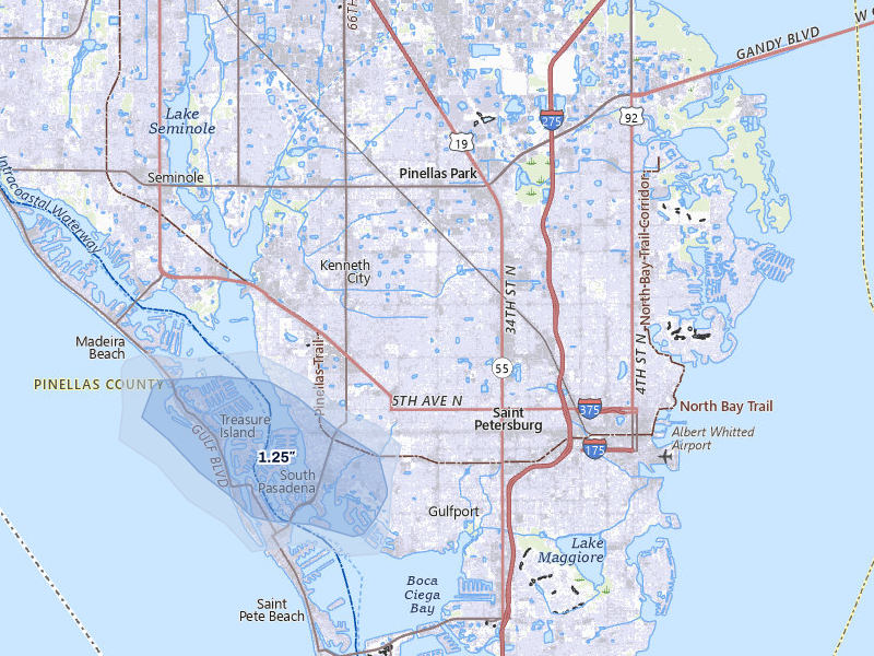 NEXRAD radar-signature map of the hail storm over Saint Petersburg, FL on Aug 6, 2026