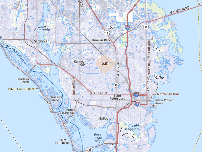 Radar-estimated hail-size map of the storm over Saint Petersburg, FL on Aug 16, 2026