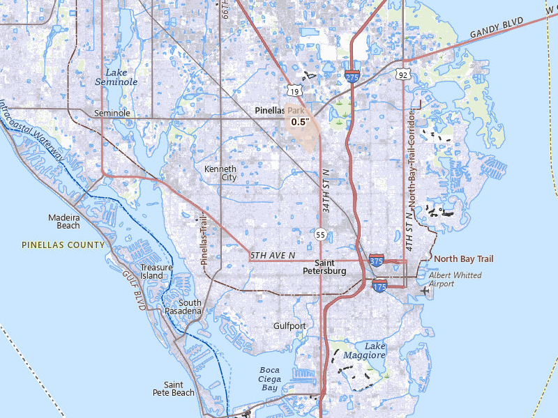 Radar-estimated hail-size map of the storm over Saint Petersburg, FL on Aug 19, 2026