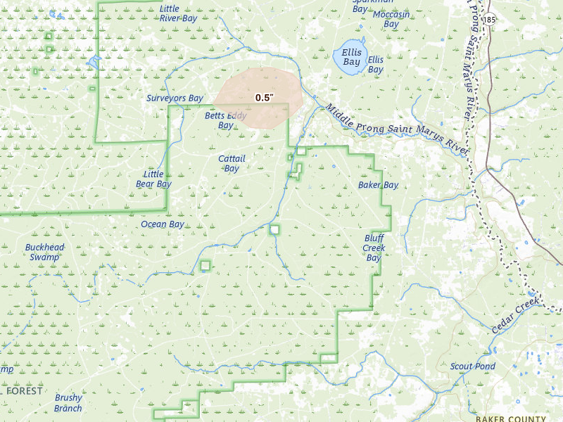 Radar-estimated hail-size map of the storm over Sanderson, FL on May 23, 2026
