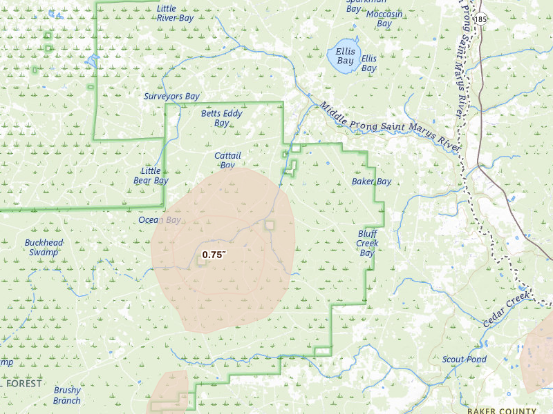 Radar-estimated hail-size map of the storm over Sanderson, FL on Aug 6, 2026