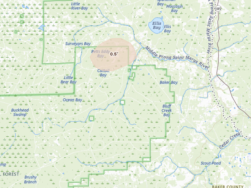 Radar-estimated hail-size map of the storm over Sanderson, FL on Aug 25, 2026