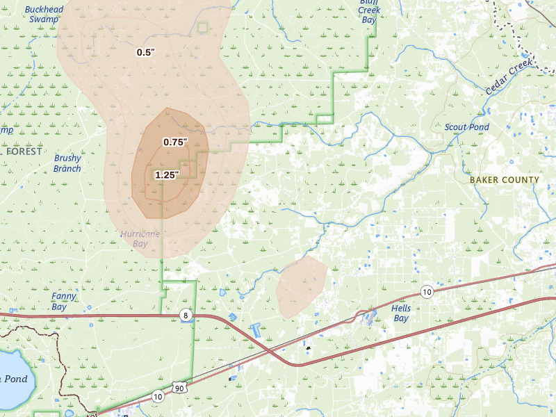 Radar-estimated hail-size map of the storm over Sanderson, FL on Aug 29, 2026