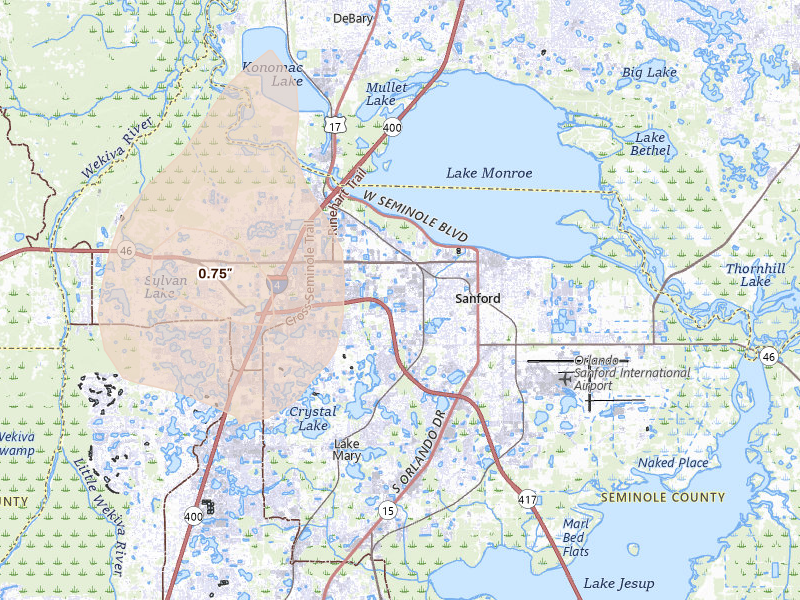 Radar-estimated hail-size map of the storm over Sanford, FL on Mar 15, 2026