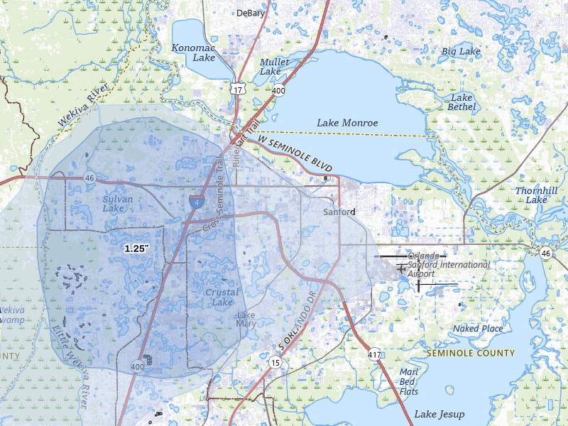 NEXRAD radar-signature map of the hail over Sanford, FL