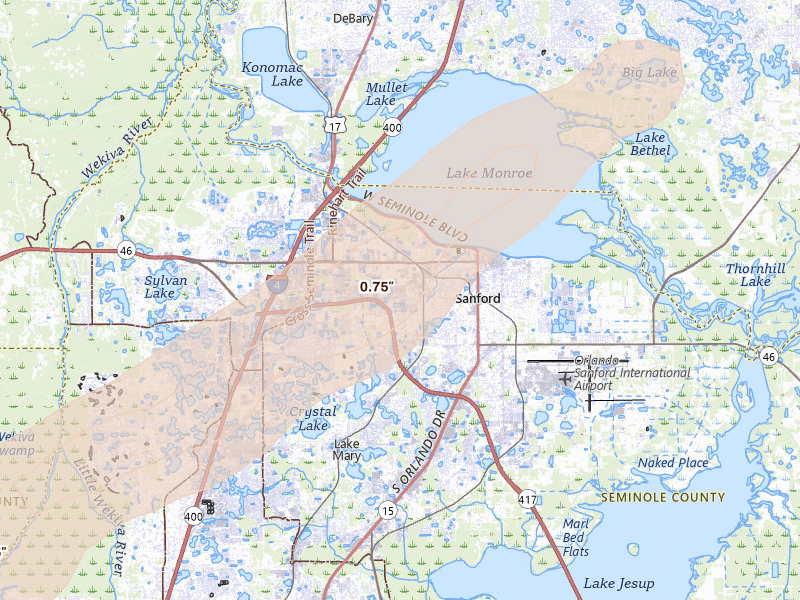 Radar-estimated hail-size map of the storm over Sanford, FL on Mar 16, 2026