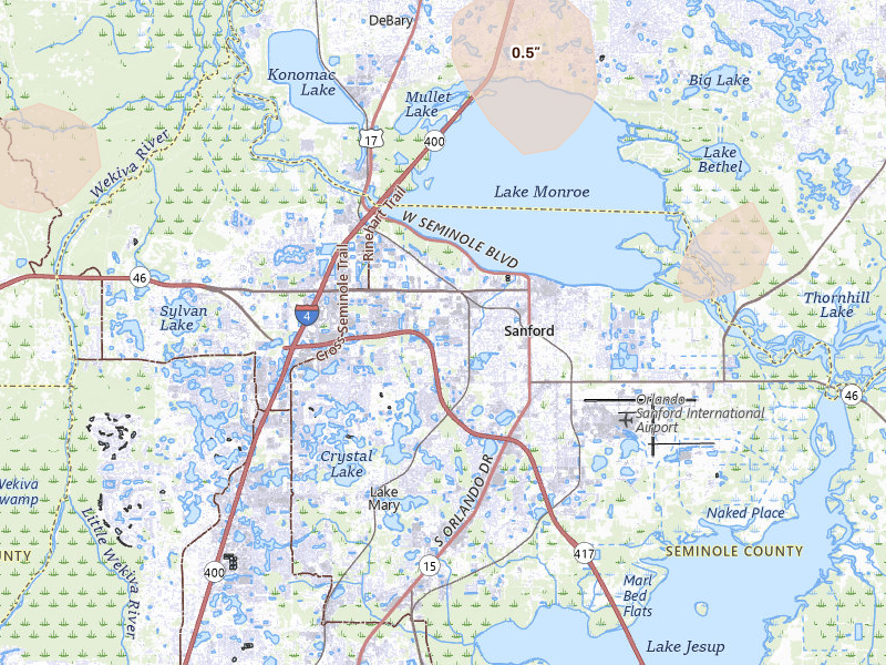 Radar-estimated hail-size map of the storm over Sanford, FL on Jul 8, 2026