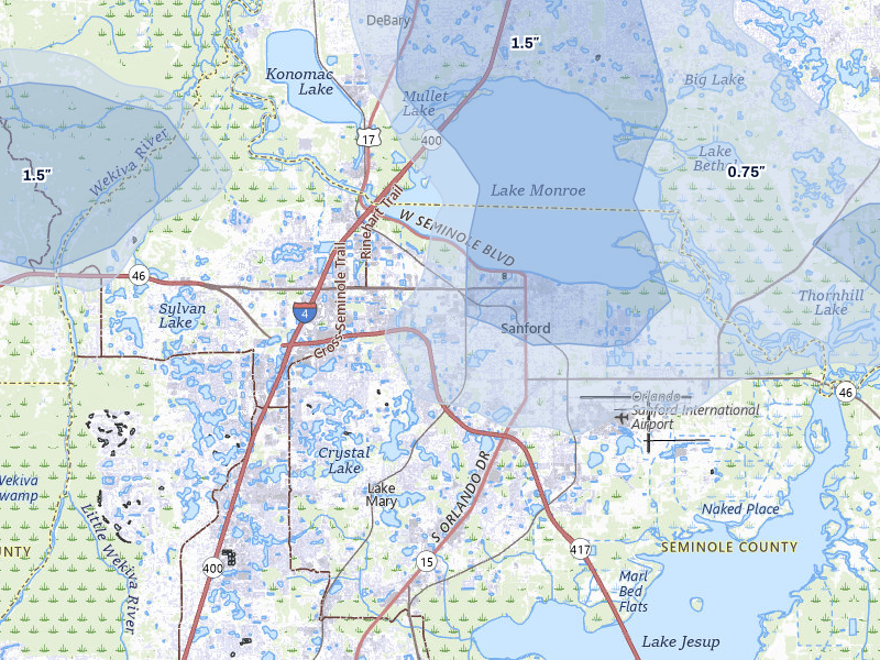 NEXRAD radar-signature map of the hail storm over Sanford, FL on Jul 8, 2026