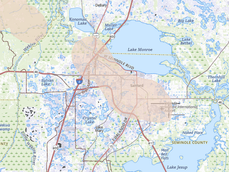 Radar-estimated hail-size map of the storm over Sanford, FL on Aug 19, 2026