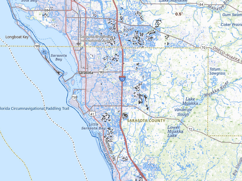 Radar-estimated hail-size map of the storm over Sarasota, FL on Jul 12, 2026