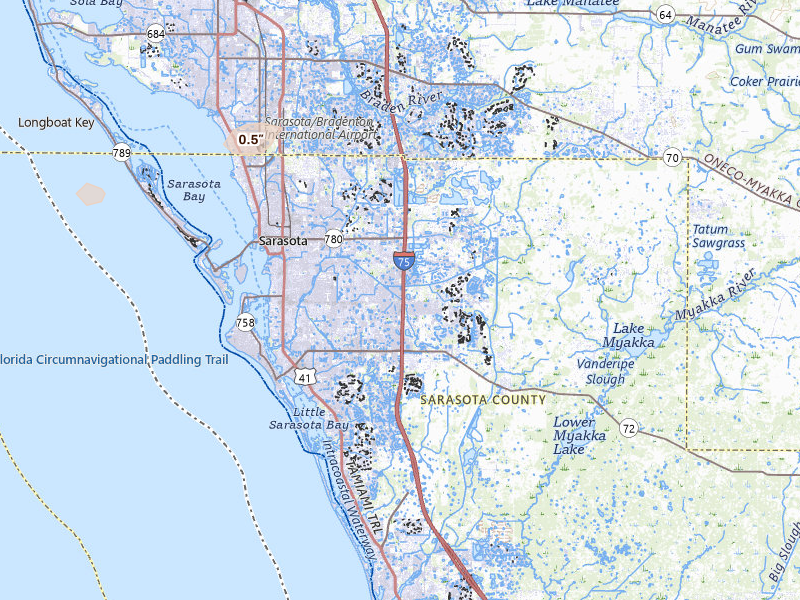 Radar-estimated hail-size map of the storm over Sarasota, FL on Jul 23, 2026