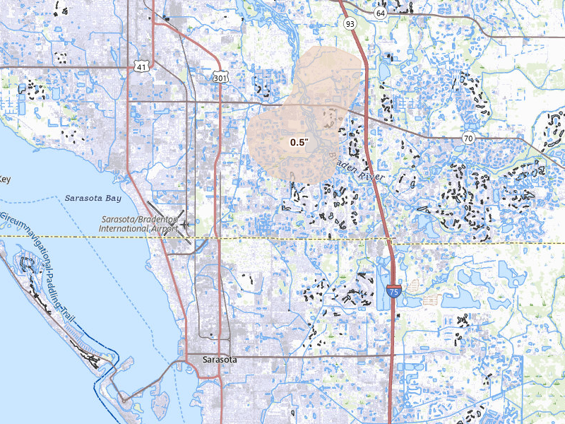 Radar-estimated hail-size map of the storm over Sarasota, FL on Aug 9, 2026