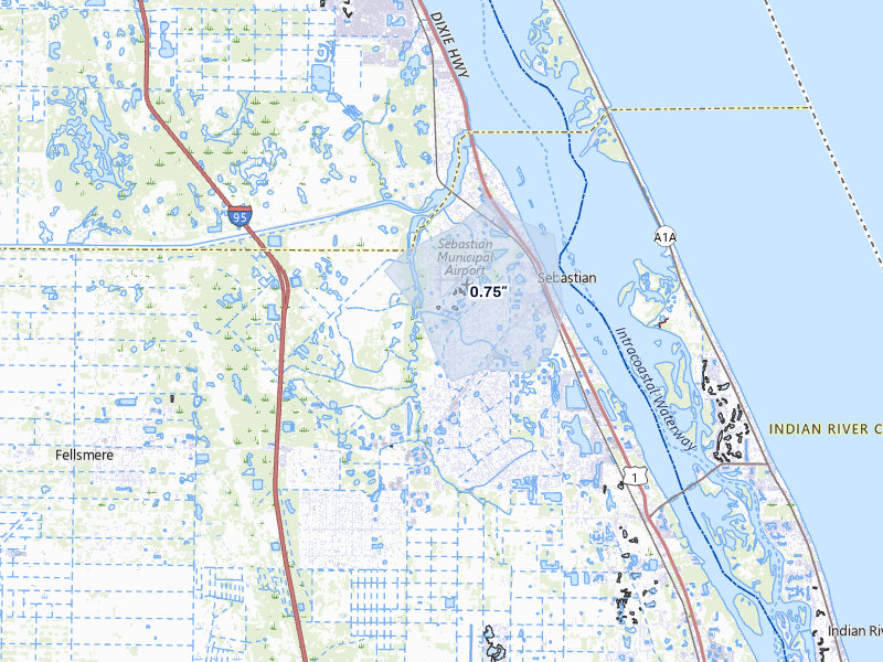 NEXRAD radar-signature map of the hail storm over Sebastian, FL on Mar 16, 2026