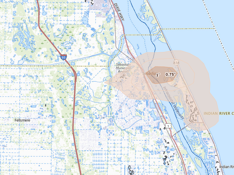 Radar-estimated hail-size map of the storm over Sebastian, FL on May 10, 2026