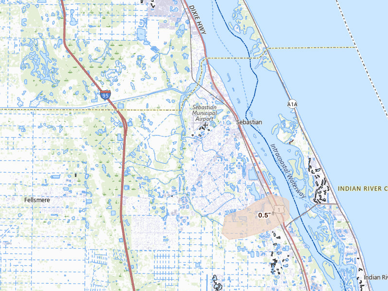 Radar-estimated hail-size map of the storm over Sebastian, FL on Jun 17, 2026