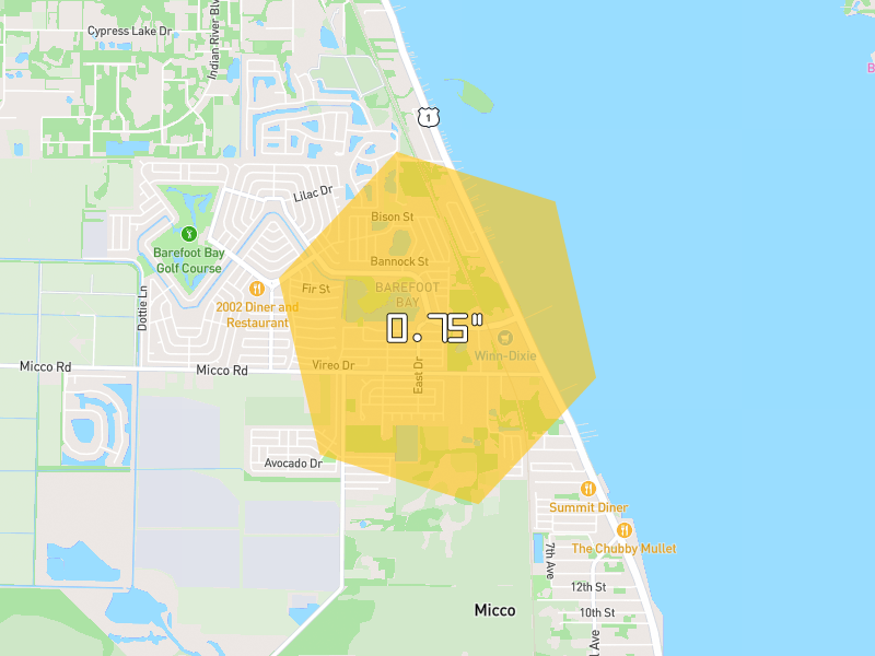 Hail map of Sebastian, FL on Jul 6, 2026, hail up to 0.75"
