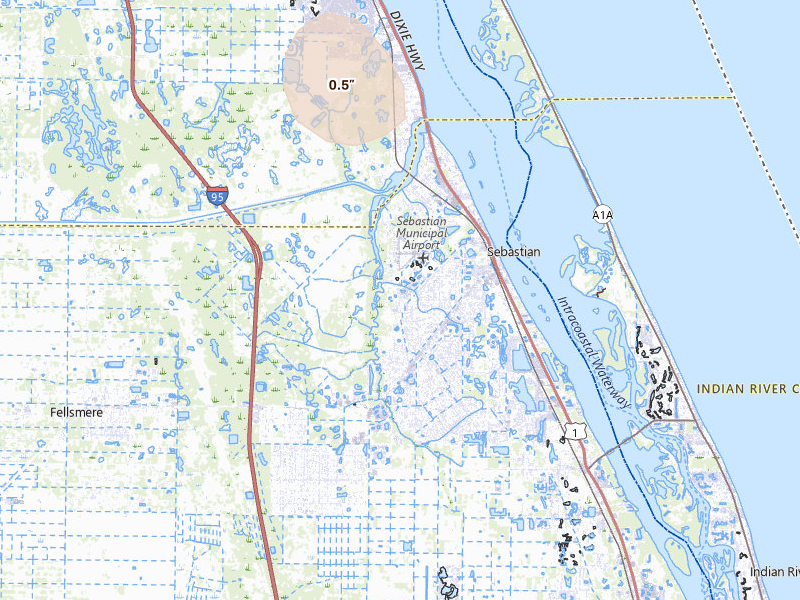 Radar-estimated hail-size map of the storm over Sebastian, FL on Jul 17, 2026