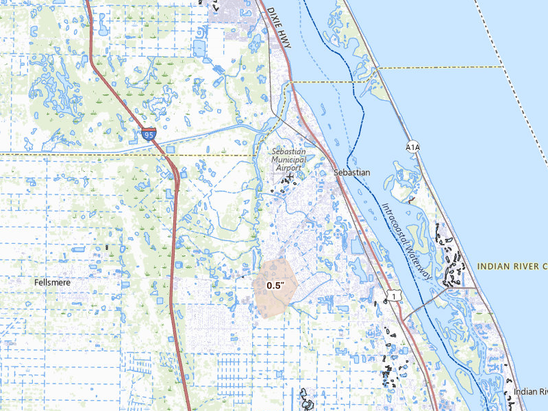 Radar-estimated hail-size map of the storm over Sebastian, FL on Jul 20, 2026