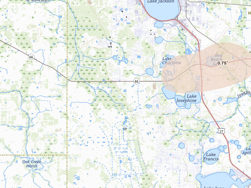 Radar-estimated hail-size map of the storm over Sebring, FL on Jun 23, 2026