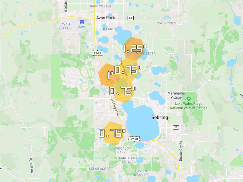 Hail map of Sebring, FL on Jul 10, 2026, hail up to 1.25"