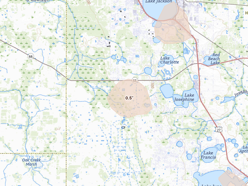 Radar-estimated hail-size map of the storm over Sebring, FL on Jul 13, 2026