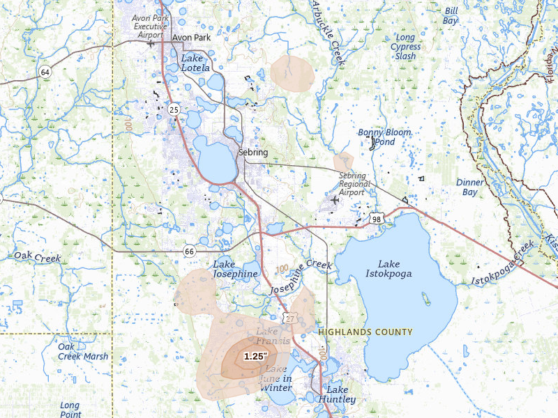 Radar-estimated hail-size map of the storm over Sebring, FL on Aug 5, 2026