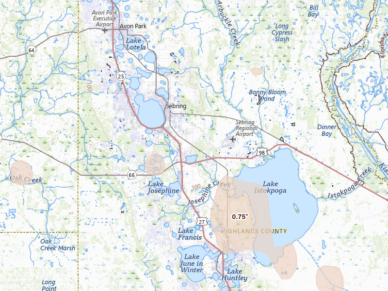 Radar-estimated hail-size map of the storm over Sebring, FL on Aug 19, 2026