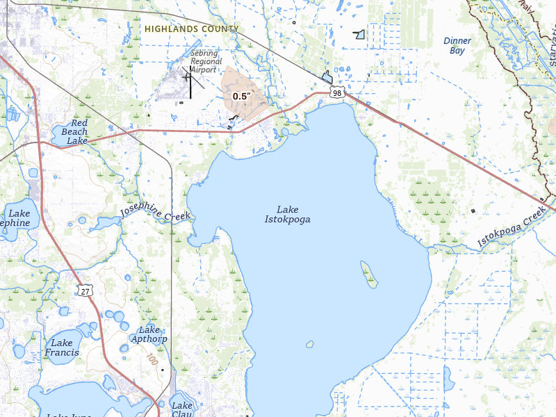 Radar-estimated hail-size map of the storm over Sebring, FL on Aug 25, 2026