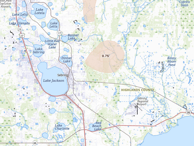 Radar-estimated hail-size map of the storm over Sebring, FL on Aug 29, 2026