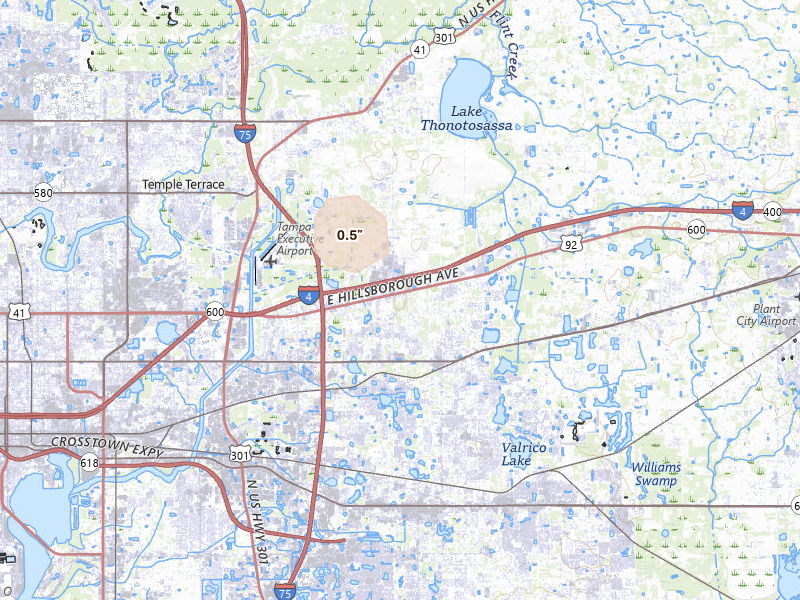Radar-estimated hail-size map of the storm over Seffner, FL on Jun 26, 2026