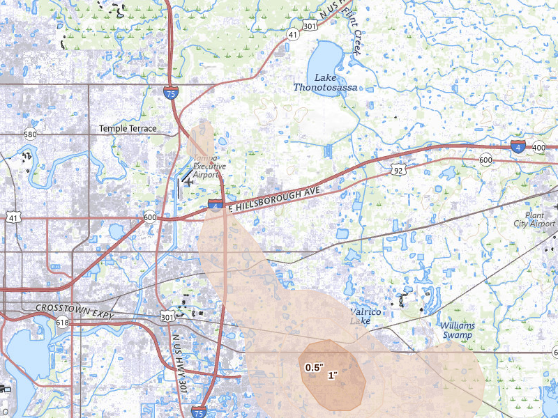 Radar-estimated hail-size map of the storm over Seffner, FL on Jul 10, 2026