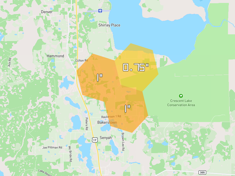Hail map of Seville, FL on Jul 11, 2026, hail up to 1"