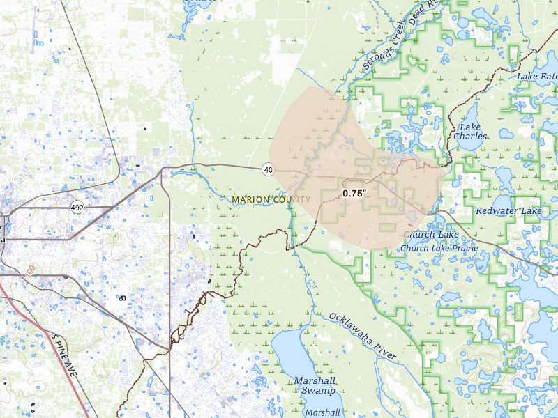 Radar-estimated hail-size map of the storm over Silver Springs, FL on Aug 24, 2026